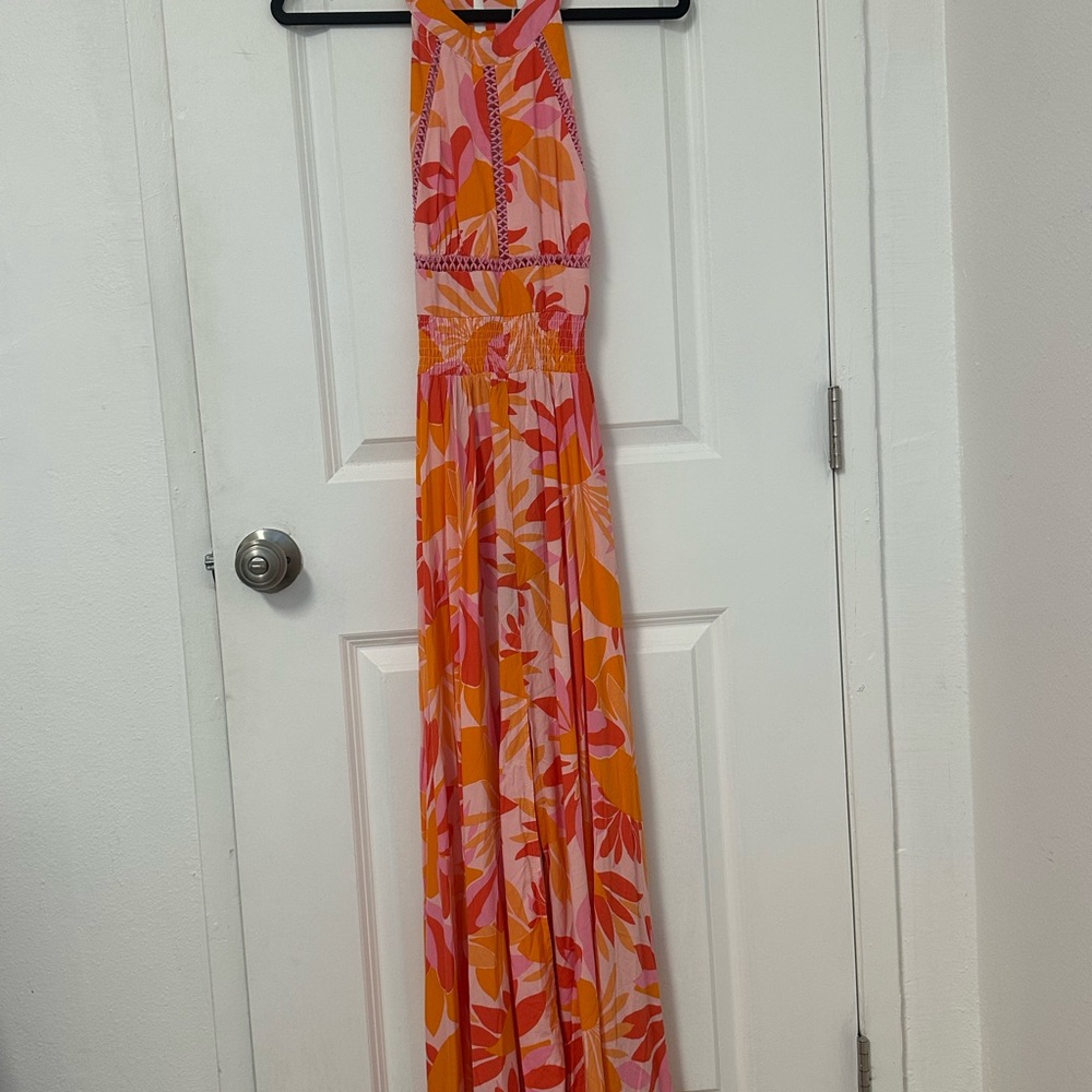 Vibrant Pink and Orange Halter Maxi Dress